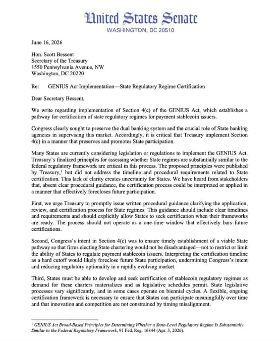 US Senate Letter to Treasury Secretary Scott Bessent on GENIUS Act Implementation. Source: US Senate 