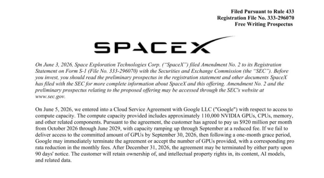 Détails de l'amendement du formulaire S-1 de la SEC de SpaceX sur l'accord avec Google Cloud. Source : Dépôt SEC