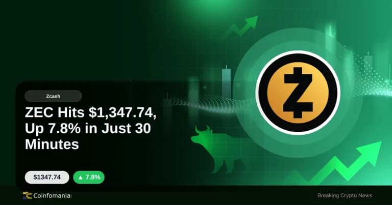 ZEC Hits $1,347.74, Up 7.8% in Just 30 Minutes
