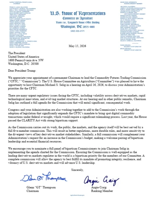 House Urges Trump to Fill CFTC Seats Before Clarity Act Kicks In